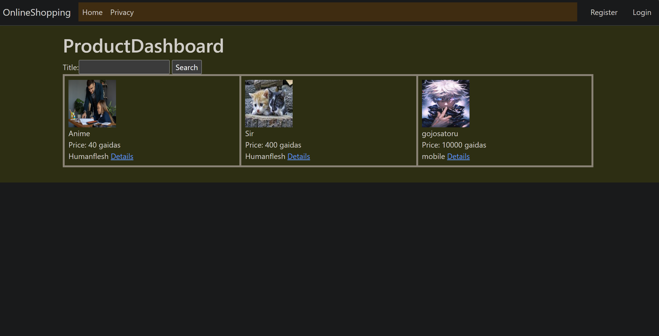 Online Shopping API – admin dashboard screenshot